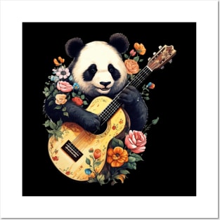 Cute Cottagecore Aesthetic Panda Playing Guitar Floral Posters and Art